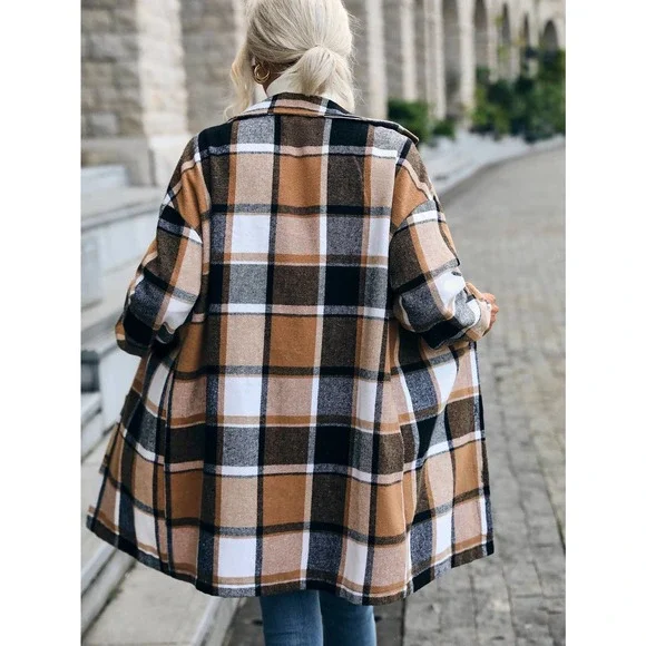 Preppy long Plaid Print Flap Pocket shacket jacket boyfriend - Picture 2 of 4